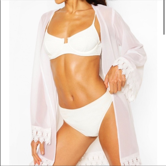 Boohoo Tops - Boohoo Sheer Embroidered Edge Kimono/Cover